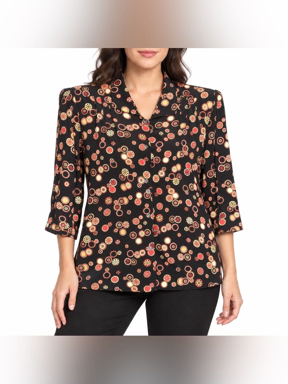 Women's Button-Front Blouse in Black with Red and Gold Dot Print
